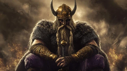 Digital painting of a brooding Viking warlord in chiaroscuro armor.