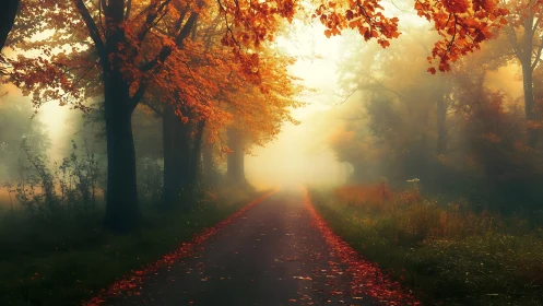 Foggy forest road bordered by autumn trees and foliage.