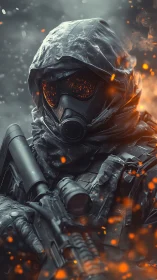 Cyberpunk tactical operative in ember-charged blizzard portrait.