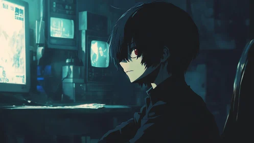 Brooding anime boy in dark tech-filled control room scene.