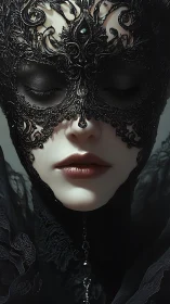 Baroque filigree mask frames porcelain face with velvety chiaroscuro