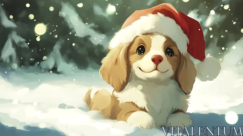 Smiling holiday puppy in snow spreading cozy cheer.