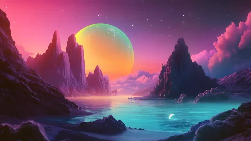 Neon alien seascape with twin moons and jagged spires.