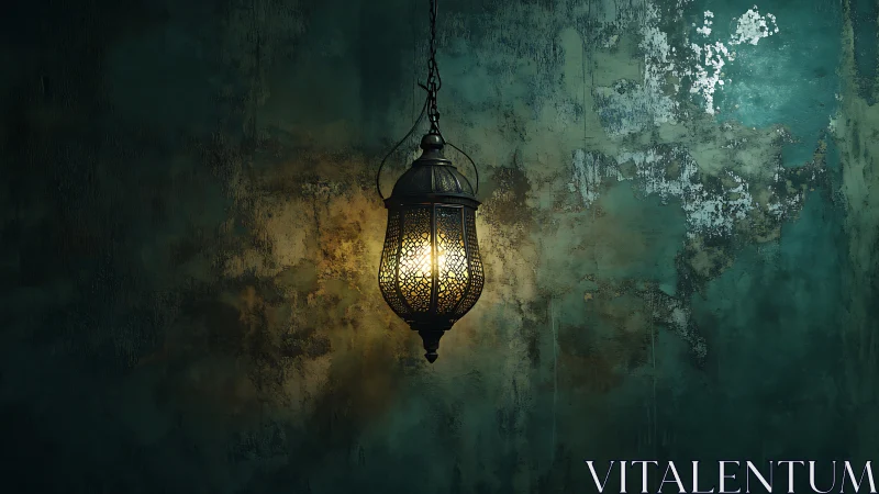 Lantern of quiet emberlight against weathered teal walls.