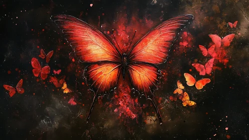 Large red butterfly dominates dark abstract digital canvas