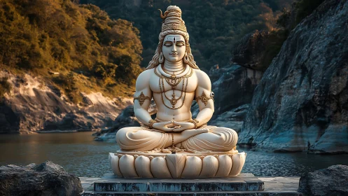 Large seated deity sculpture beside rocky river gorge.