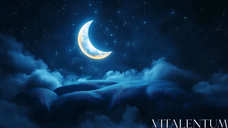 Crescent moon drifts above quilted clouds in midnight hush