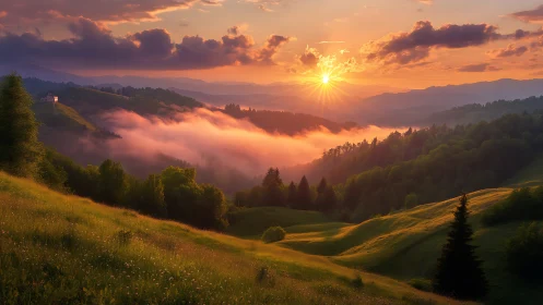 Sunlit mist rolling over emerald hills at dreamy dawn.