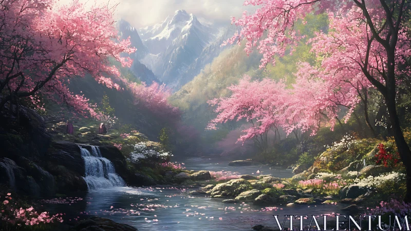Cherry blossom valley frames cascading stream and alpine peaks