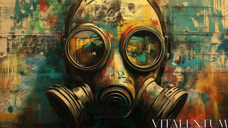 Gas mask mural with multicolored abstract background.