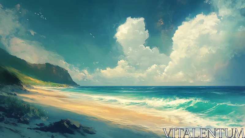 Dynamic coastal seascape renders luminous clouds and surf