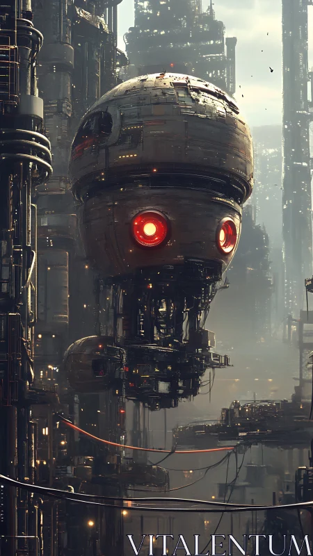Orbital patrol drone scans a dense industrial megacity.