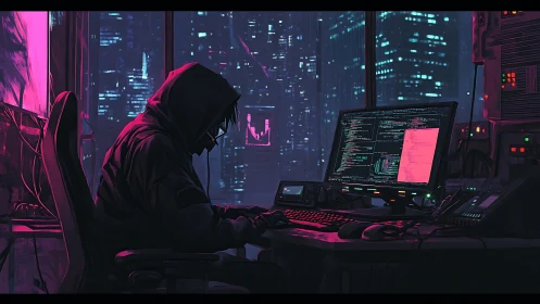 Hooded hacker codes in neon cyberpunk night office.