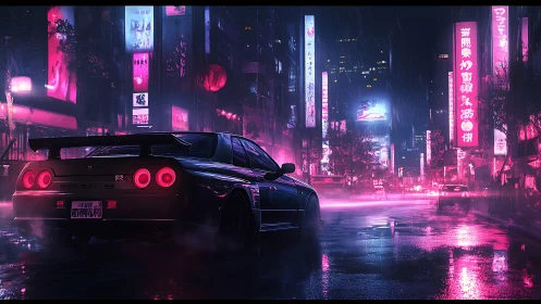 Neon night drive with a sleek street racer in the rain.