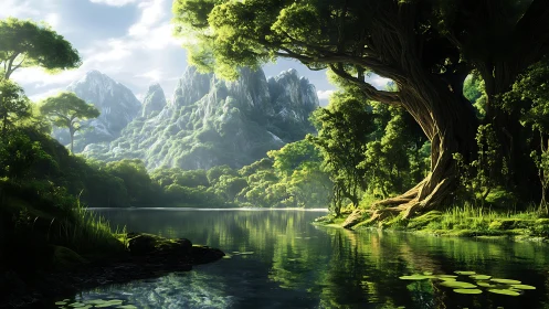 Mountain Sanctuary. Mist-Shrouded Peaks Rising Above Verdant Forest.