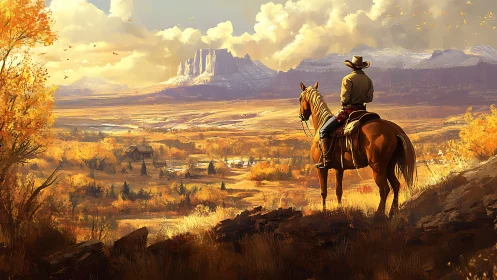 Cowboy on horseback quietly surveys a golden autumn valley