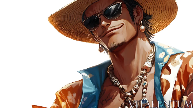 Stylish beach rogue in straw hat and layered jewelry portrait.