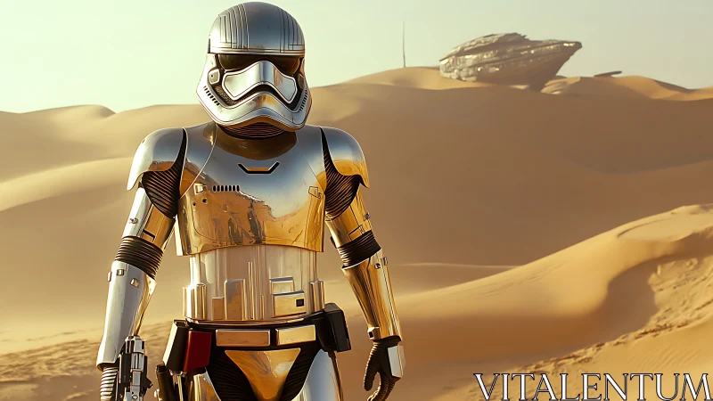 Chrome desert sentinel wandering sunlit sci fi dunes.