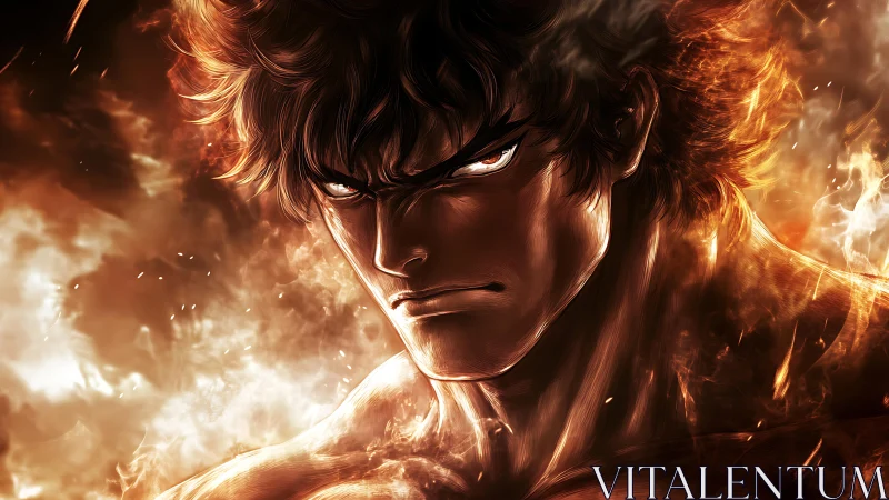 Intense anime warrior portrait framed by swirling flames.