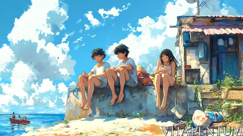 Summer friends rest on a sunlit seaside wall together.