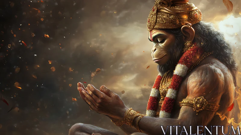 Divine simian warrior in ember-lit prayerful stillness.