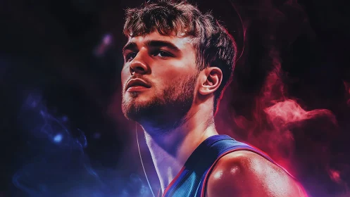 Intense basketball portrait under vibrant colored smoke light