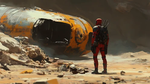 Red-suited figure observing damaged yellow spacecraft hull.