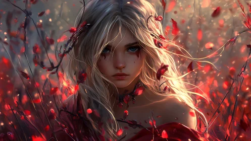 Enchanted girl amid glowing crimson petals at dusk.