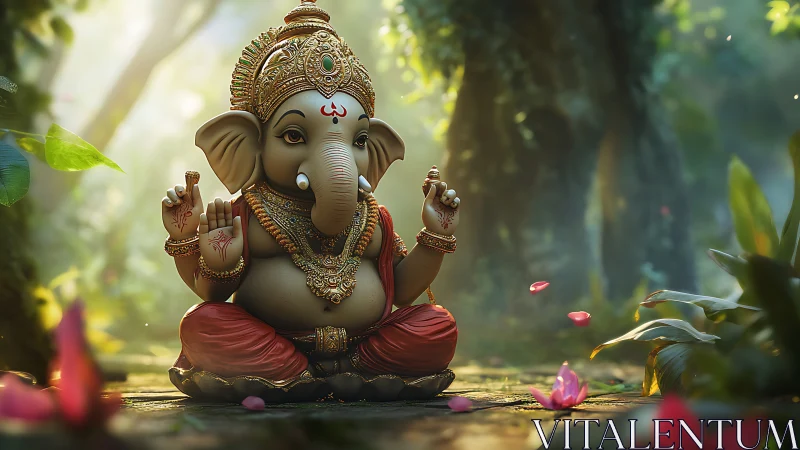3D rendering of Ganesha idol seated in a forest setting.