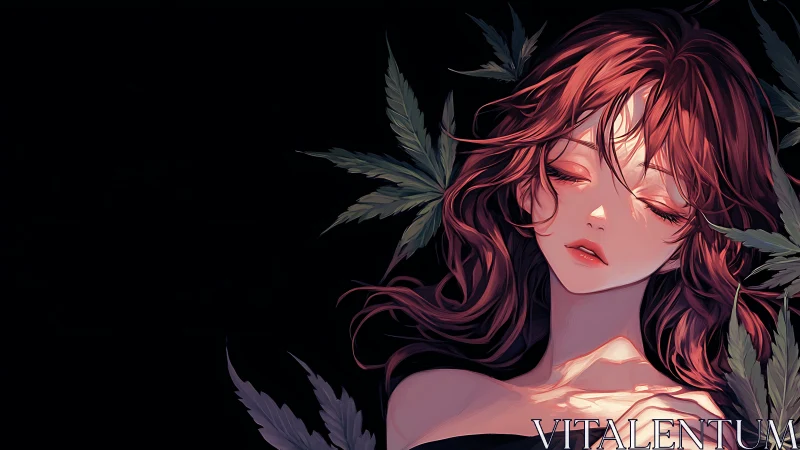 Peaceful red haired dreamer resting in soft leafy shadows.