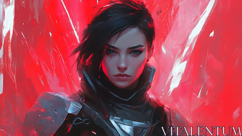 Fierce sci fi heroine standing strong in vivid red light.