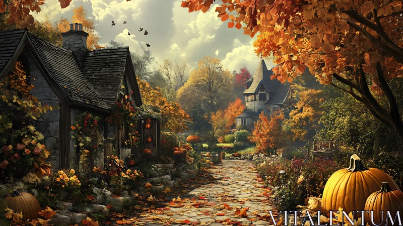 Autumn stone cottage path leads toward a distant manor house.