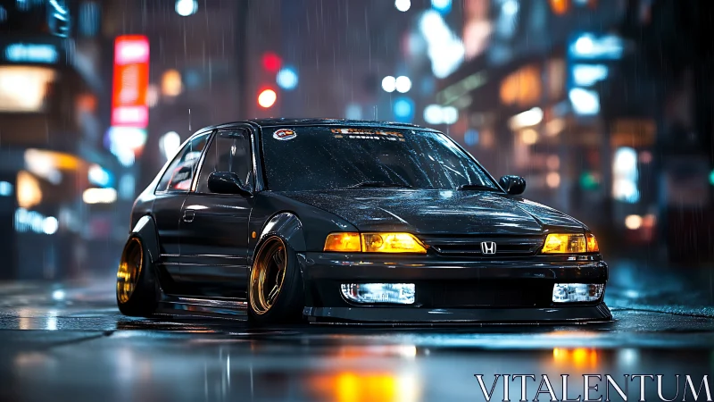 Midnight stance legend idling under neon rain in town.