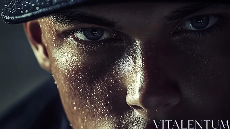 Sweat jeweled determination blazes through steel grey eyes