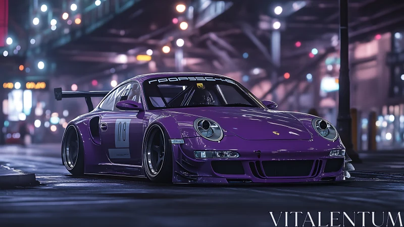 Purple race-prepped Porsche sits low in neon city street