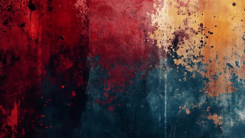 Abstract textured wall art with bold red, blue, and yellow splashes.