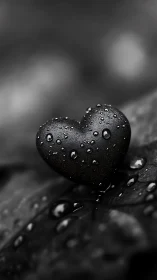 Water droplets on black heart-shaped surface in monochrome