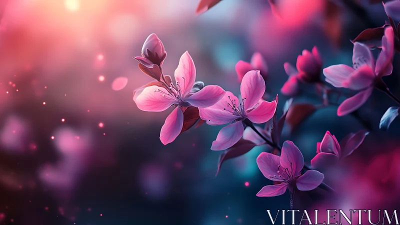 Glowing pink blossoms dance in dreamy twilight magic