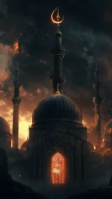 Domed mosque silhouette against fiery sky at dusk.