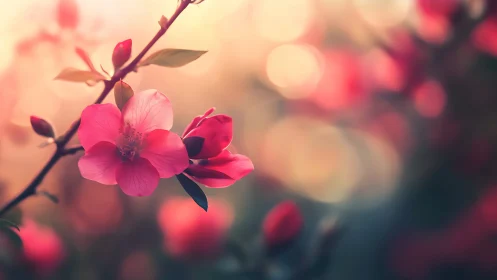 Pink blossom glows against dreamy golden bokeh background.