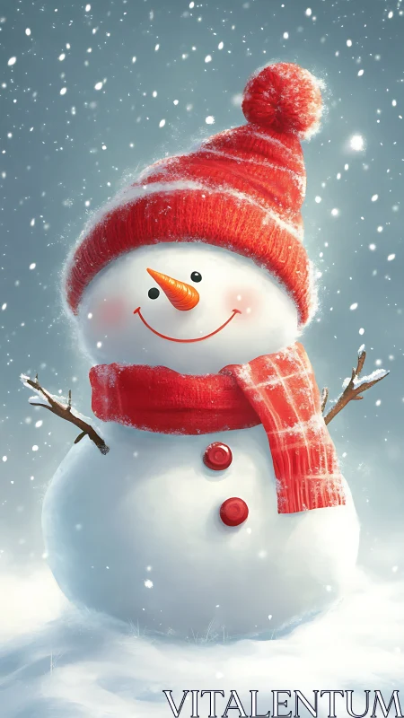 Snowman with red hat and scarf in light snowfall outdoors.