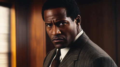 Steely eyed investigator in a wood paneled office hush.