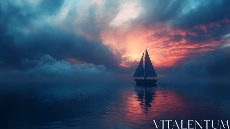 Sailboat crosses calm water beneath dense clouds at sunset