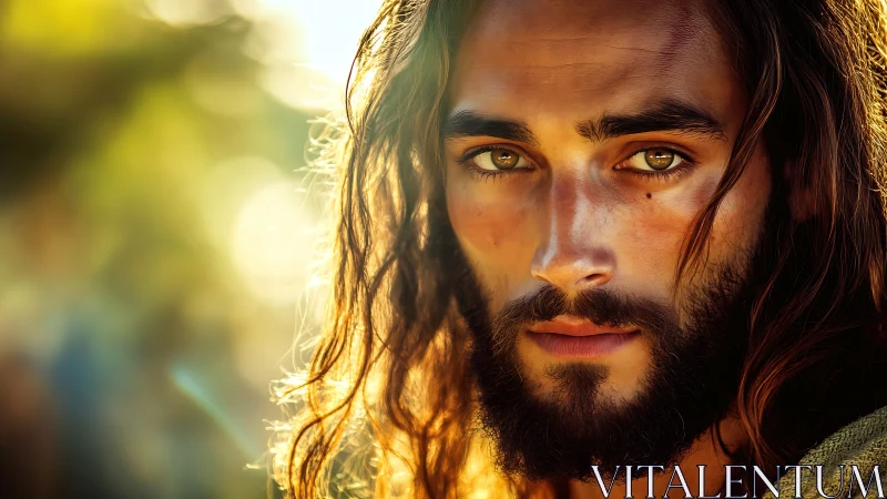 Sunlit bearded portrait with intense amber gaze detail.