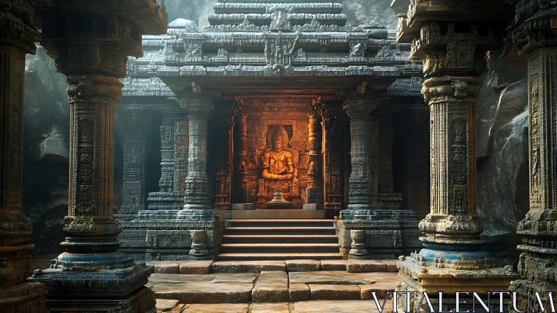 Stone temple interior with central seated statue in alcove.