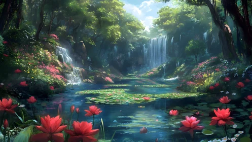 Digital painting of lotus valley waterfall with luminous flora.
