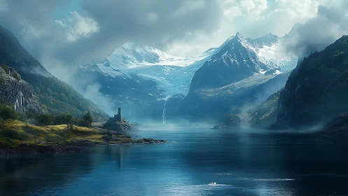 Misty fjord and glacier peaks surround a solitary stone tower