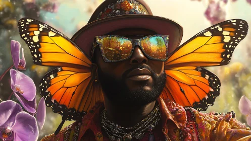 Stylized man with monarch butterfly wings in floral setting