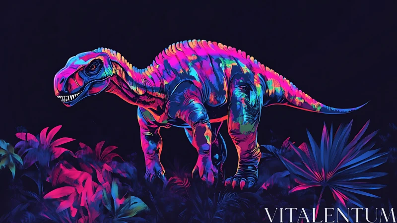 Neon dinosaur silhouette strides through bioluminescent jungle nocturne