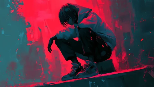 Neon backlit figure in crouched pose within abstract field.